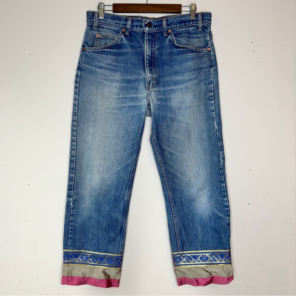 Levi's 505 Vintage Y2K Orange Tag Nooshin Upcycle Bandana Hem Rhinestone Jean 33 - Picture 14 of 14